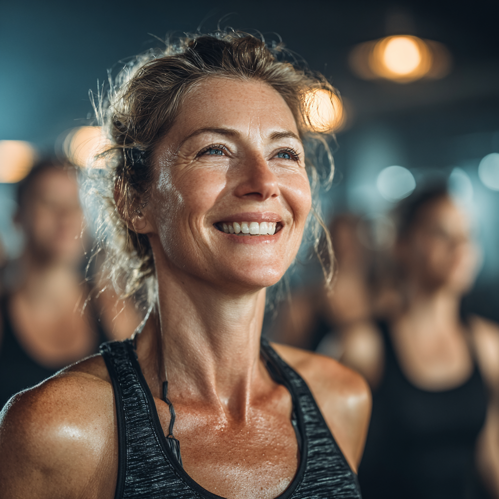 Жінка 52 років бере участь у груповому фітнес-занятті, усміхається під час виконання вправ