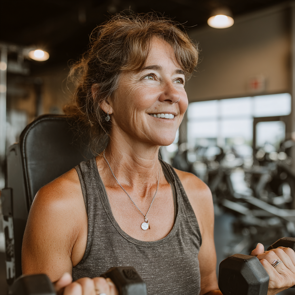 Жінка 55 років виконує силові вправи з гантелями в сучасному фітнес-залі